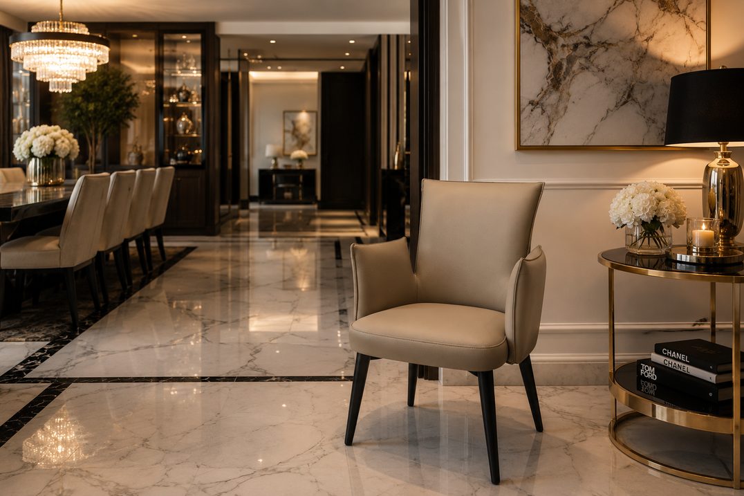 Silla VIONETTI Firenze (CY270) en color taupe en un recibidor con piso de mármol