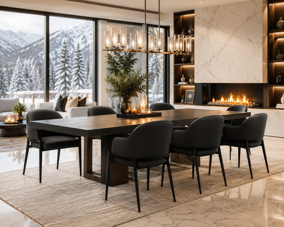 Comedor con seis sillas VIONETTI Venezia (W104) en negro alrededor de una mesa de madera oscura